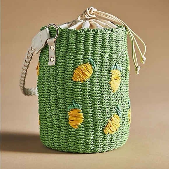 Anthropologie Raffia Green Woven Bucket Bag with Lemon Fruit Embroidery - Picture 1 of 16